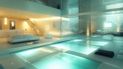 A modern, luxurious interior featuring a glass-walled pool area, minimalist design, and soft lighting creating a tranquil ambiance.