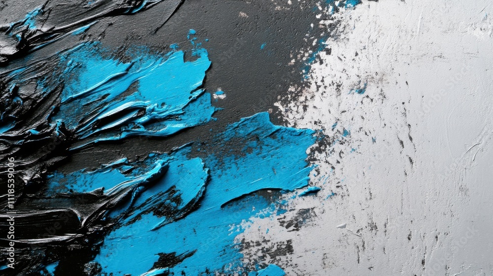 Poster bold black layers intertwine with striking blue brush strokes across a textured surface, merging sea