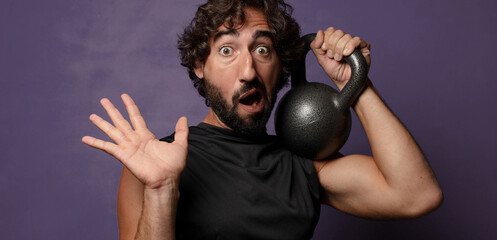 young bearded crazy fitness man sport concept