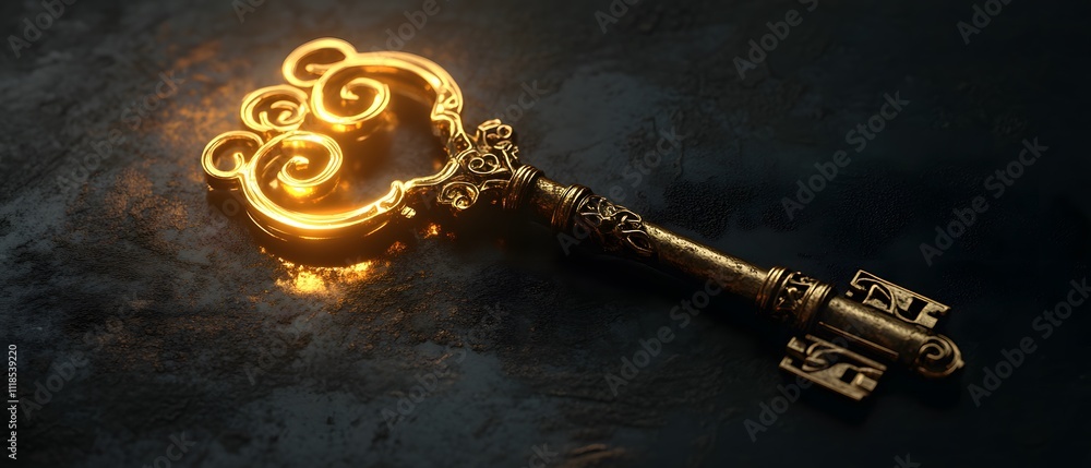 Poster Elegant Golden Key Illuminating a Dark Surface with Intricate Patterns and Swirls, Symbolizing Mystery and Adventure Awaiting Discovery in a Magical Realm