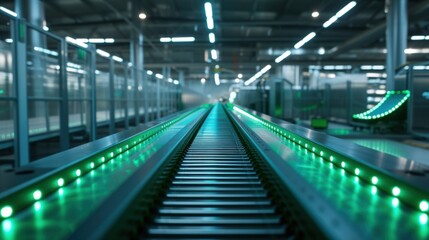 Fototapeta premium Green lights illuminating innovative production line conveyor belt system in modern factory, optimizing manufacturing processes for increased efficiency and productivity