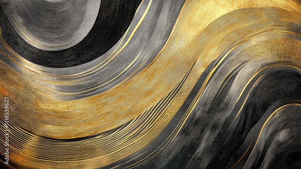 Poster golden brush lines flow across a textured background, presenting a rich gradient of black and gold h