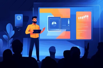 Man presents data charts to seated audience.