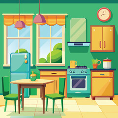 A vibrant cartoon kitchen with a blue fridge, a green stove, and yellow cabinets.