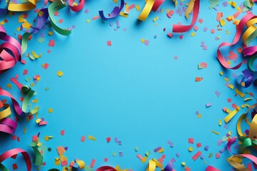 Festive Blue Party Background with Colorful Streamers and Confetti
