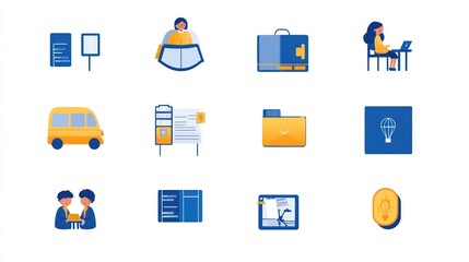 A collection of icons representing various activities and concepts related to work and communication.