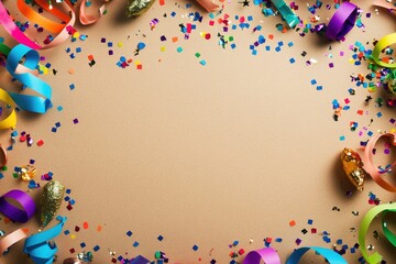 Obraz premium Festive Brown Party Background with Colorful Streamers and Copy Space