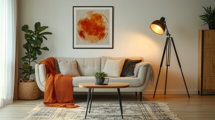 Cozy Living Room Interior Design with Orange Accents and Tripod Floor Lamp
