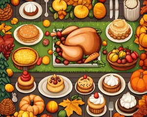 Colorful Thanksgiving feast doodle featuring a roasted turkey, pies, and vibrant autumn decorations