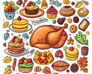 Playful Thanksgiving doodle showcasing a turkey surrounded by various desserts and autumn leaves