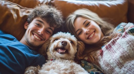 A joyful moment of a young couple cuddling with their dog on a cozy couch.