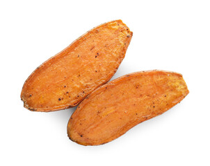 Halves of tasty cooked sweet potato isolated on white, top view