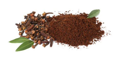 Pile of clove powder, dried buds and green leaves on white background. Aromatic spice