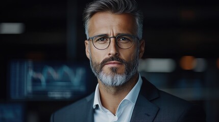 Fototapeta premium Young middle eastern businessman analyzing virtual market data on a modern trading floor with advanced technology and predictive AI insights