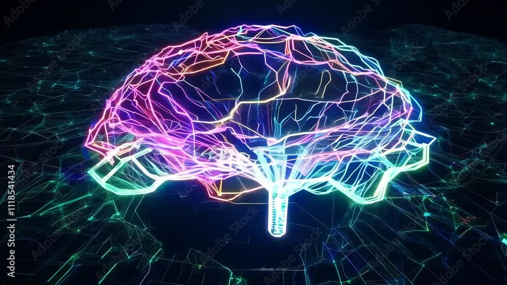 Poster Digital holographic AI brain science concept. Artificial intelligence brain network