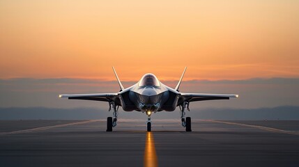 F-35C Lightning II captured at sunset, dramatic rear angle with forced perspective highlighting landing gear and glowing sky