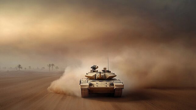 Massive United States M1A2 Abrams tank charges through expansive Iraqi desert terrain in dramatic combat setting with explosions and smoke