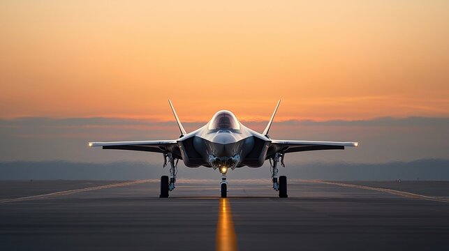 F-35C Lightning II captured at sunset, dramatic rear angle with forced perspective highlighting landing gear and glowing sky