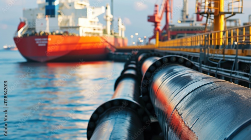 Poster in this closeup image a pipeline and a tanker ship are side by side in a bustling port highlighting 
