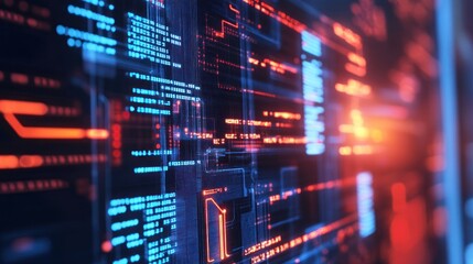 Abstract digital interface with glowing lines and data patterns.