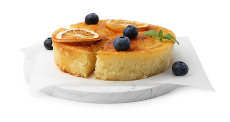 Tasty homemade semolina cake with blueberries isolated on white