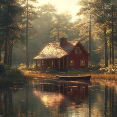 Obraz premium Rustic cabin overlooking calm forest lake with autumn leaves surrounding picture