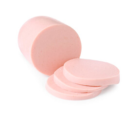 Pieces of tasty boiled sausage isolated on white