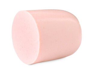 Piece of tasty boiled sausage isolated on white