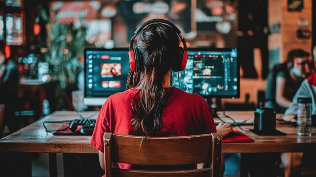 Focused Gamer Girl in a Cyber Cafe