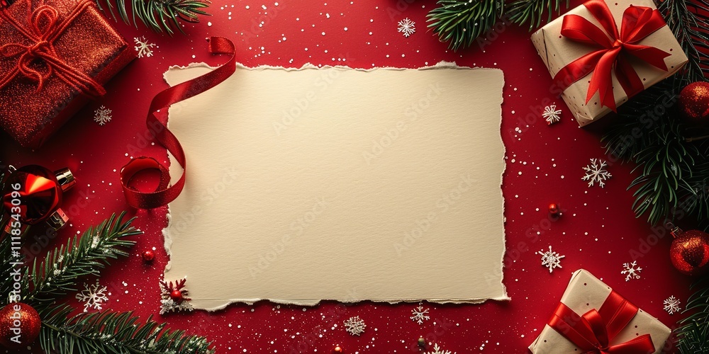 Poster a joyful christmas-themed paper with snowflakes strewn all over and a small gift set over a crimson 