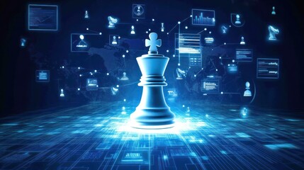 A glowing chess piece surrounded by digital icons, symbolizing strategy and technology.