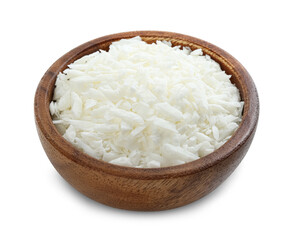 Soy wax in wooden bowl isolated on white