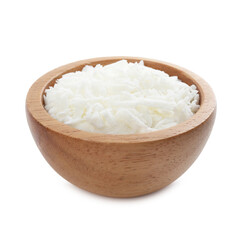 Soy wax in wooden bowl isolated on white