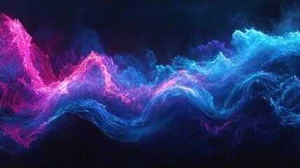 Abstract waves of vibrant pink and blue colors create a dynamic visual effect.