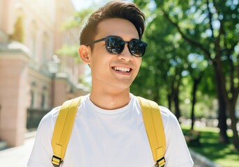Smiling young Asian man wearing sunglasses and carrying yellow backpack enjoying sunny day