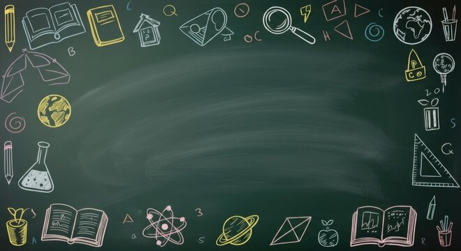 Blank green chalkboard with colorful hand drawn school themed drawings - Powered by Adobe