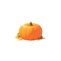 Obraz premium vibrant orange pumpkin surrounded by autumn leaves, perfect for seasonal decor and Halloween celebrations. Its glossy surface reflects light beautifully, adding charm to any setting