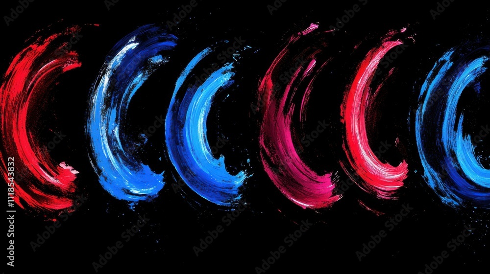 Poster bold brush strokes in vibrant red and blue showcase a captivating artistic design. the energetic swi