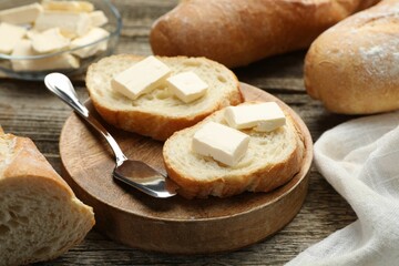 Slices of fresh baguette with butter on wooden table, closeup