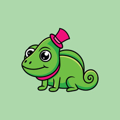 Smiling Chameleon Cartoon Wearing a Pink Top Hat