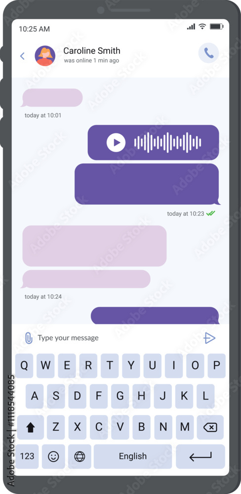 Aufkleber smartphone displaying a chat conversation with audio message, text bubbles, and a virtual keyboard f