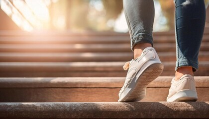 Person taking a step on a staircase, symbolizing progress, movement, and action.