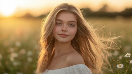 Young woman enjoys serene moment in a wildflower-filled field during golden hour