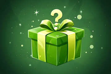 A vibrant green gift box with a question mark, suggesting mystery or surprise.