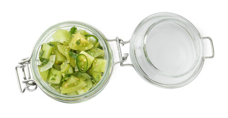 Delicious homemade green salsa in jar isolated on white, top view