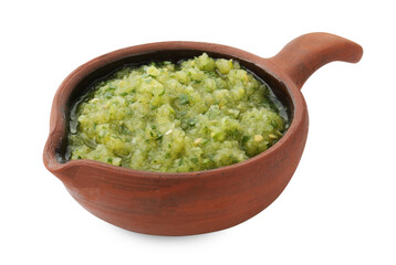 Delicious homemade green salsa isolated on white