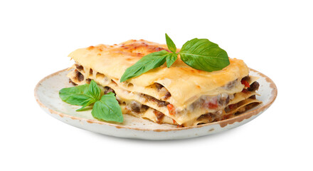 Delicious cooked lasagna with basil isolated on white