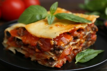 Delicious cooked lasagna with basil on plate, closeup