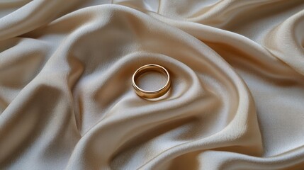 A gold ring resting on soft, cream-colored satin fabric, symbolizing love and commitment.