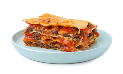 Delicious cooked lasagna isolated on white. Italian cuisine
